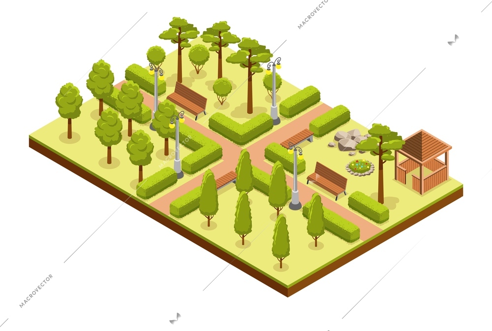 Isometric park composition with isolated rectangular platform and segment of city park with trees and benches vector illustration