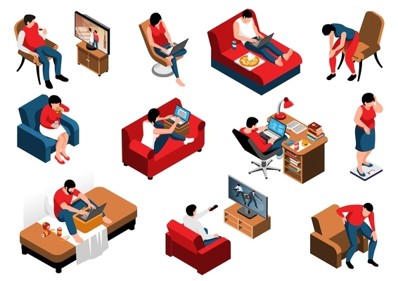 Isometric sedentary lifestyle set with isolated icons of people sitting on soft furniture working and relaxing vector illustration