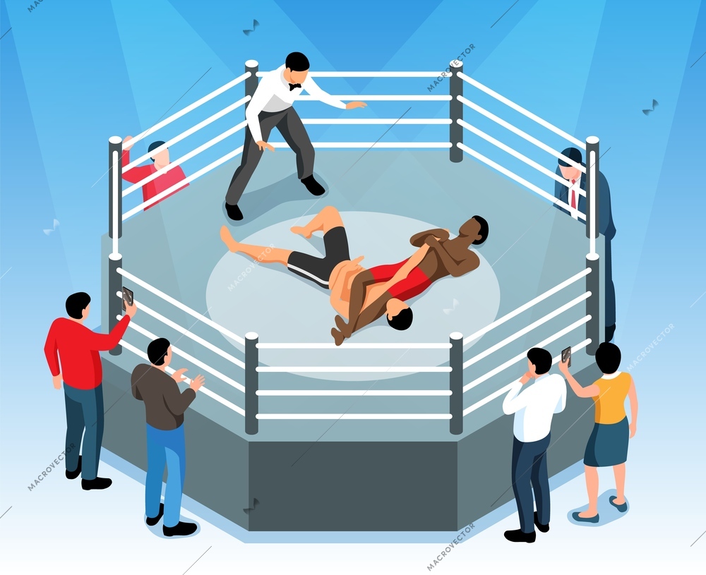 Isometric martial arts mixfight composition with view of circle boxing ring with audience and fighting boxers vector illustration