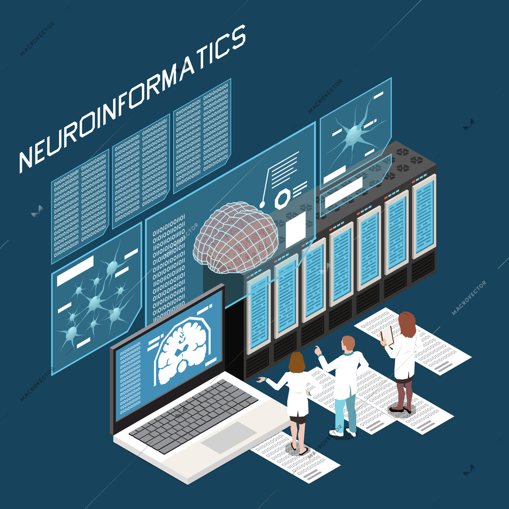 Neuroscience neuroinformatics isometric composition with scientists analyzing data 3d vector illustration