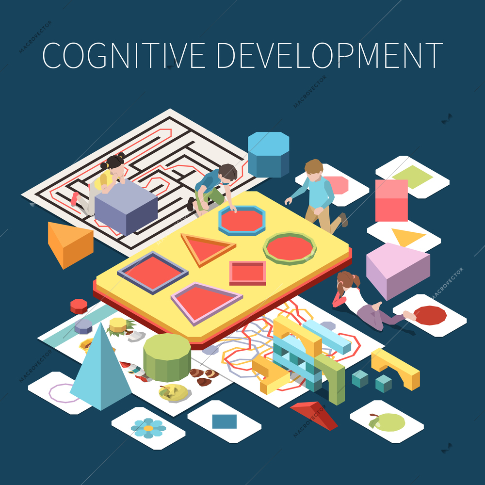 Preschool education cognitive development composition with little children learning and playing with shapes and cards  3d isometric vector illustration