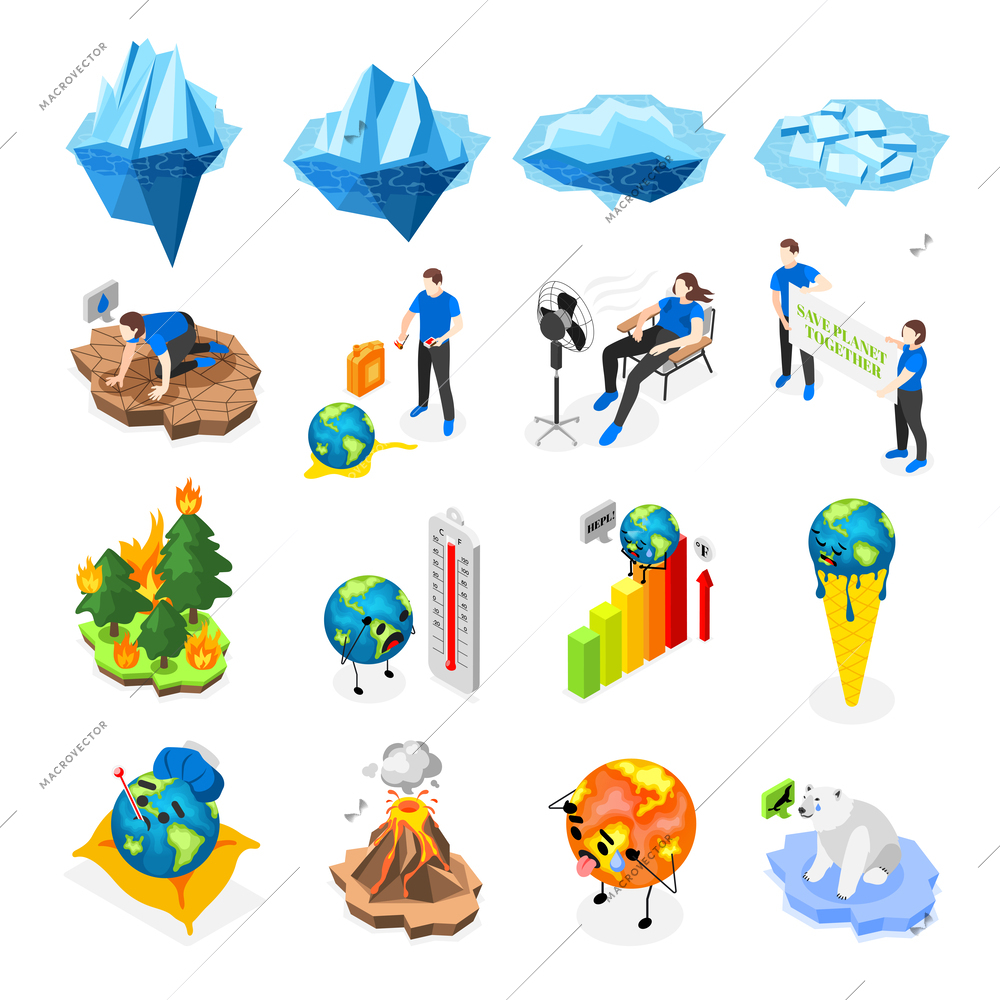 Climate change isometric icons illustrated global warming as effect from human activity isolated vector illustration