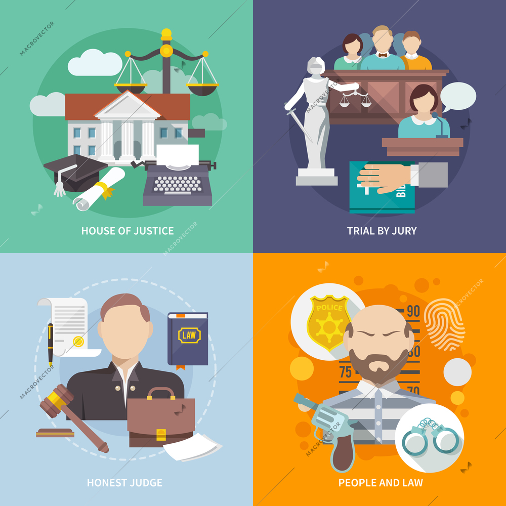 Law design concept with house of justice trial by jury honest judge icon flat set isolated vector illustration