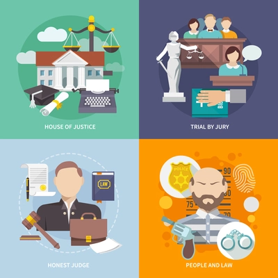 Law design concept with house of justice trial by jury honest judge icon flat set isolated vector illustration