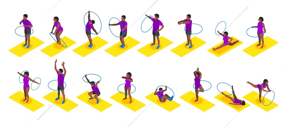 Active space time isometric color set of people involved in hula hoop fitness isolated vector illustration