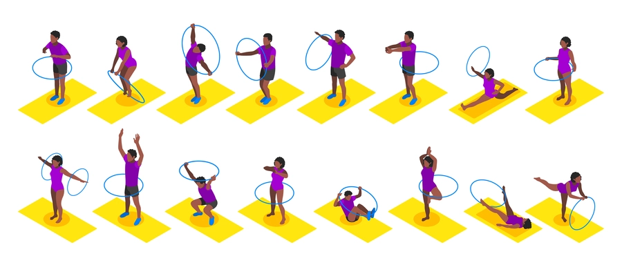 Active space time isometric color set of people involved in hula hoop fitness isolated vector illustration