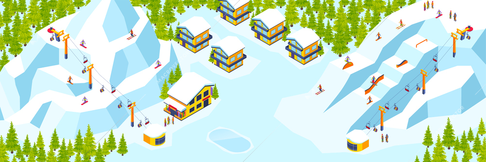 Winter outdoor holiday activity sport in mountains horizontal background with ski resort top view isometric vector illustration