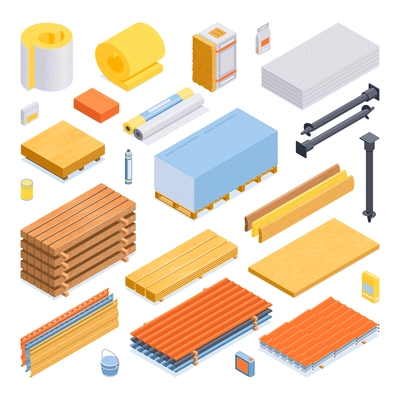 Isometric construction materials icon set with foil insulation dry wall plywood screw pills and other materials vector illustration