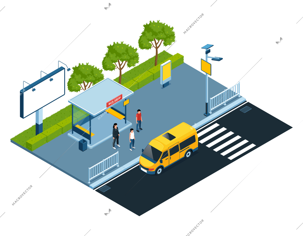 Isometric city colored concept yellow bus pulled up to the bus stop with passengers vector illustration