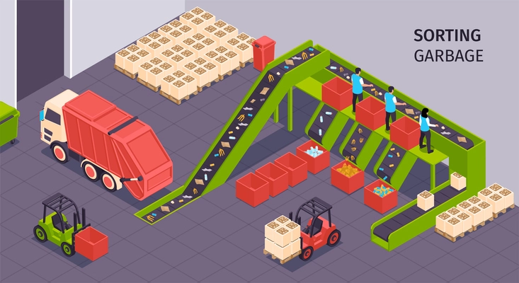 Colored and isometric garbage composition sorting garbage warehouse with workers and equipment vector illustration
