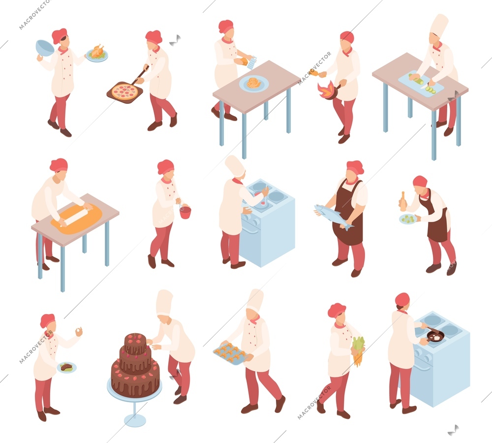 Cooking people isometric set with professional chef characters preparing different dishes for restaurant visitors isolated vector illustration