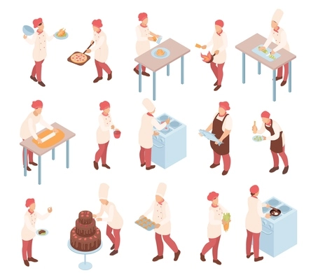 Cooking people isometric set with professional chef characters preparing different dishes for restaurant visitors isolated vector illustration