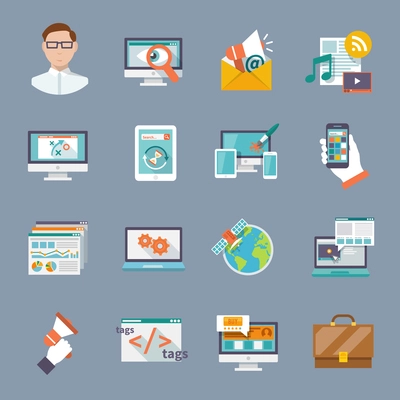 Seo internet marketing computer software application flat icon set isolated vector illustration