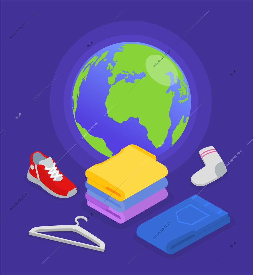 Fast fashion problems isometric infographics composition with icons of earth globe boot sock towels and hanger vector illustration