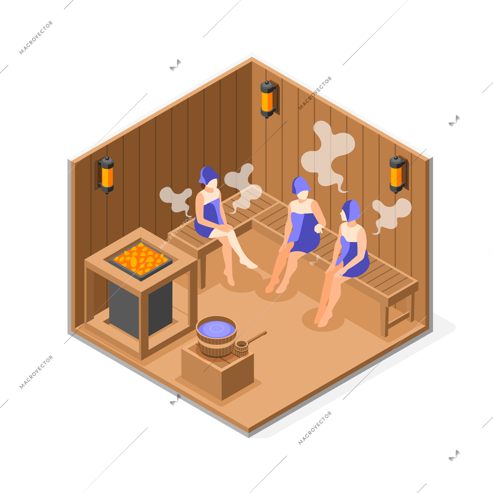 Bathhouse 3d background with three women wrapped in towels sitting on wooden bench in steam room isometric vector illustration