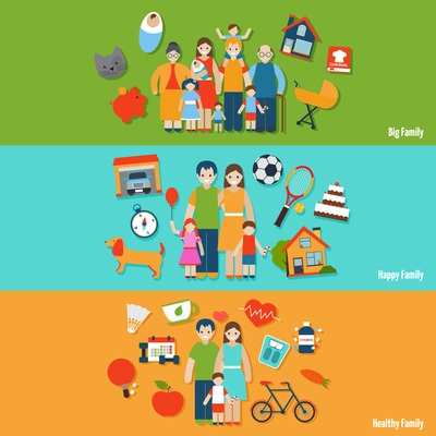 Big happy healthy family flat horizontal banner set isolated vector illustration