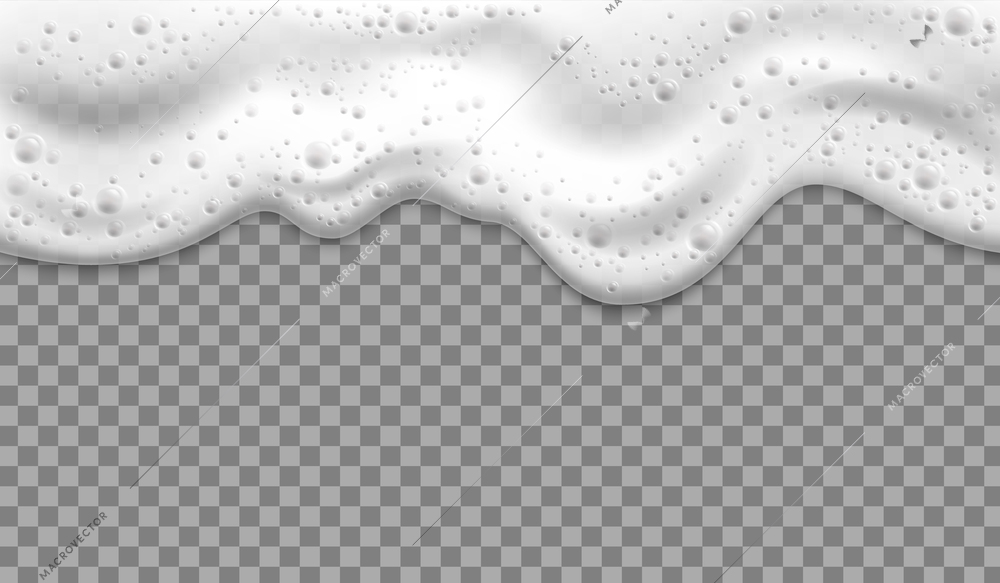 Foam realistic composition white foam flowing down from top to bottom into transparent background vector illustration