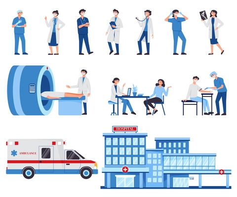 Hospital doctor set of isolated icons with human characters of medical specialisits physicians nurses and ambulance vector illustration