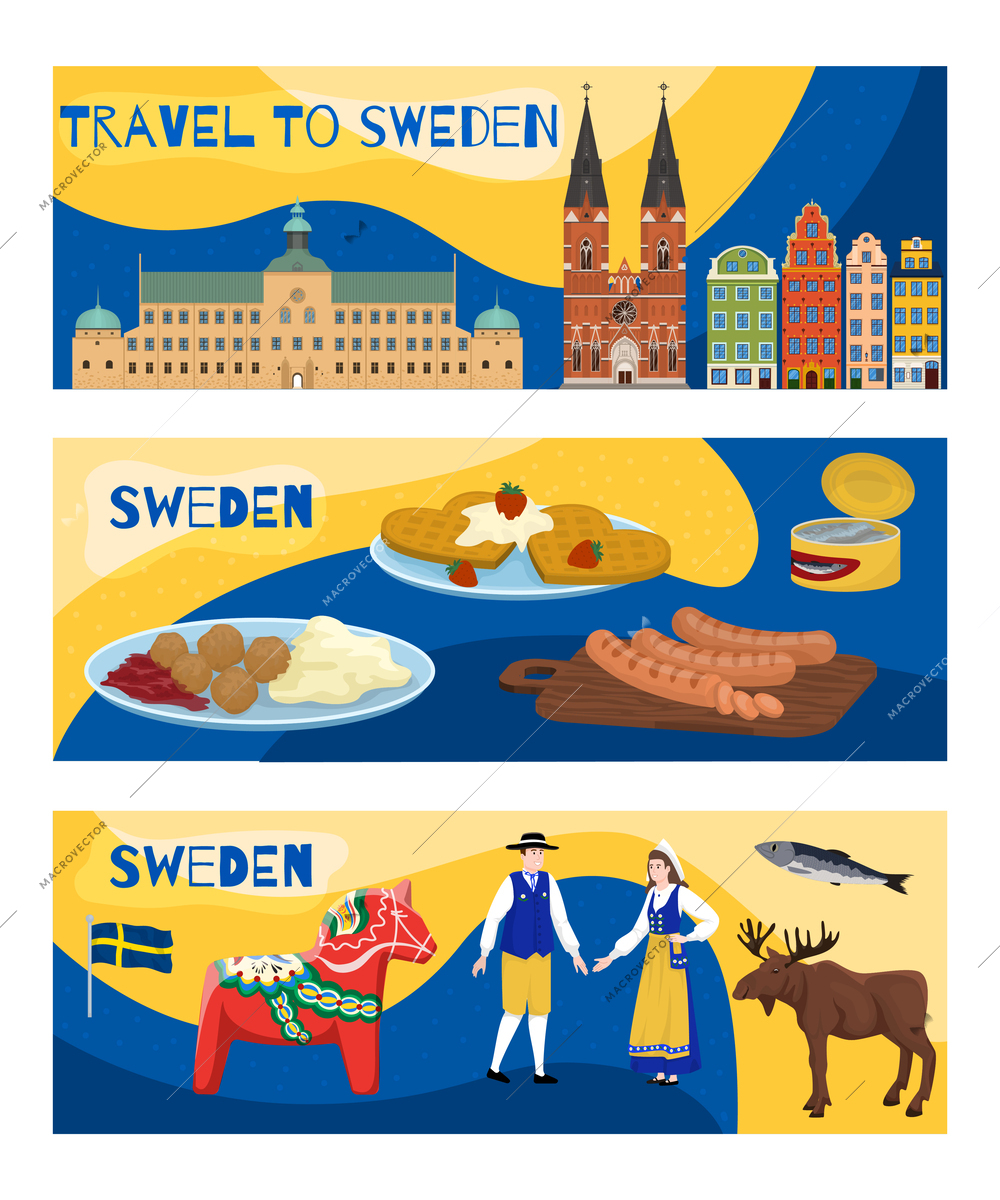 Sweden touristic horizontal banners set with culture symbols flat isolated vector illustration