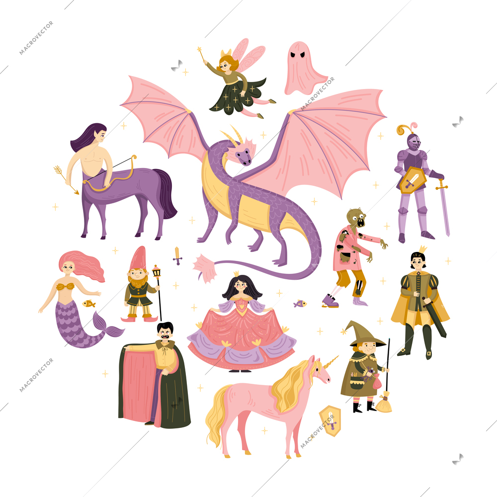 Fairy tale round composition with big dragon at the center unicorn dwarf marmaid fairy vector illustration