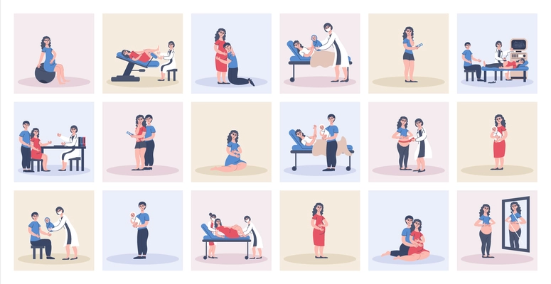 Set with isolated pregnancy childbirth square compositions with flat human characters of parents and medical specialists vector illustration