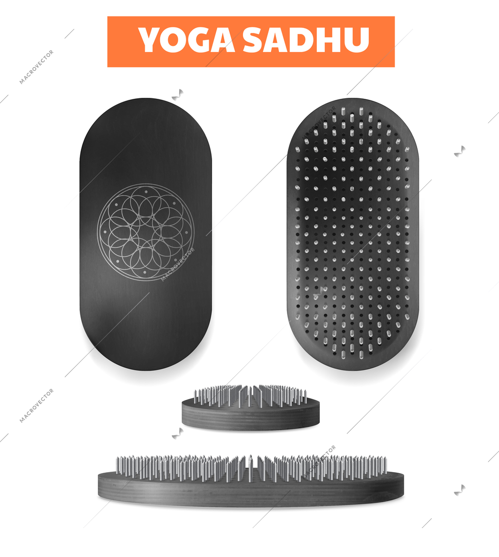 Modern sadhu nail board for yoga exercise and meditation top back side views realistic set isolated vector illustration