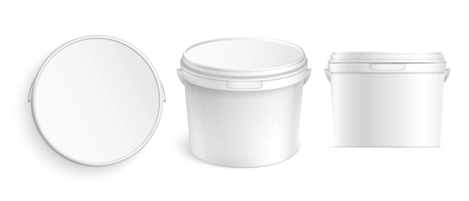 Realistic plastic bucket containers on white background isolated vector illustration