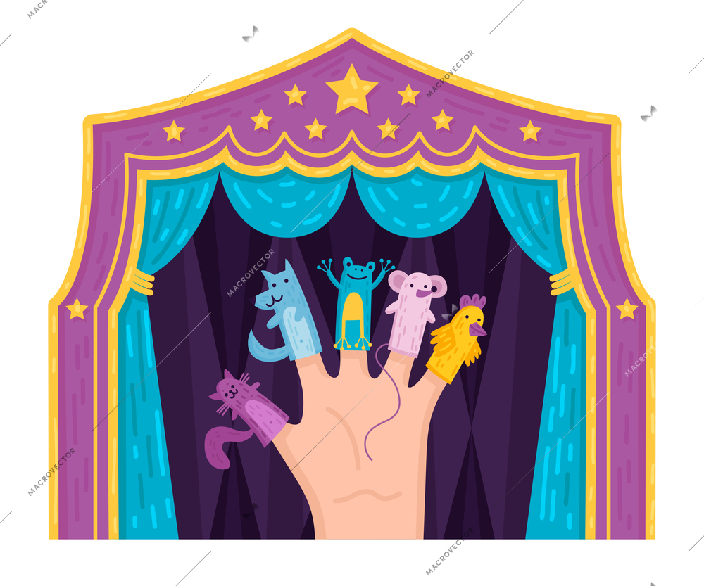 Children puppet theater composition with human hand wearing finger puppets in front of colorful theatrical curtains vector illustration