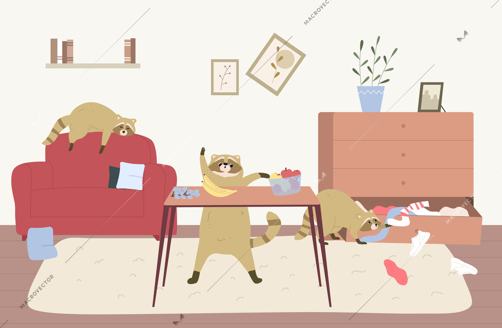 Cute naughty raccoons stealing fruit making mess and sleeping in living room flat vector illustration