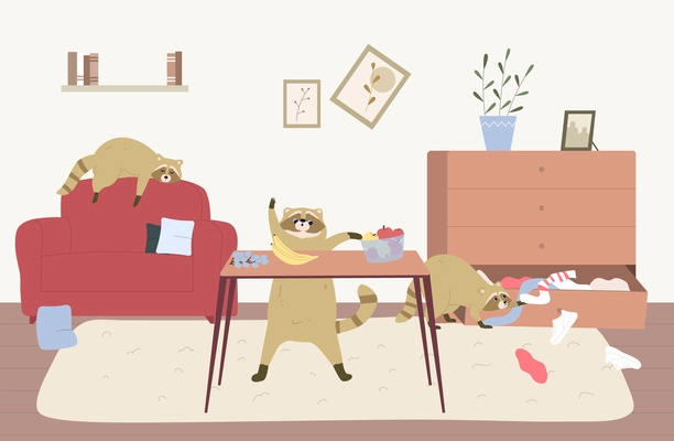 Cute naughty raccoons stealing fruit making mess and sleeping in living room flat vector illustration