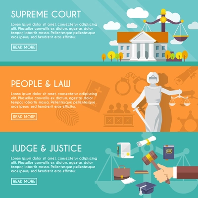 Supreme court judge and blindfolded justice with sword and scales people law flat horizontal banners vector illustration