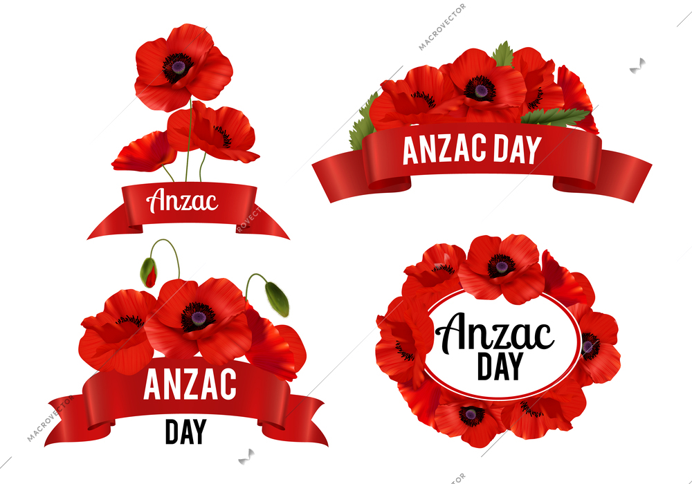 Remembrance day realistic emblems with  poppies flowers and text anzac day on red ribbons isolated vector illustration