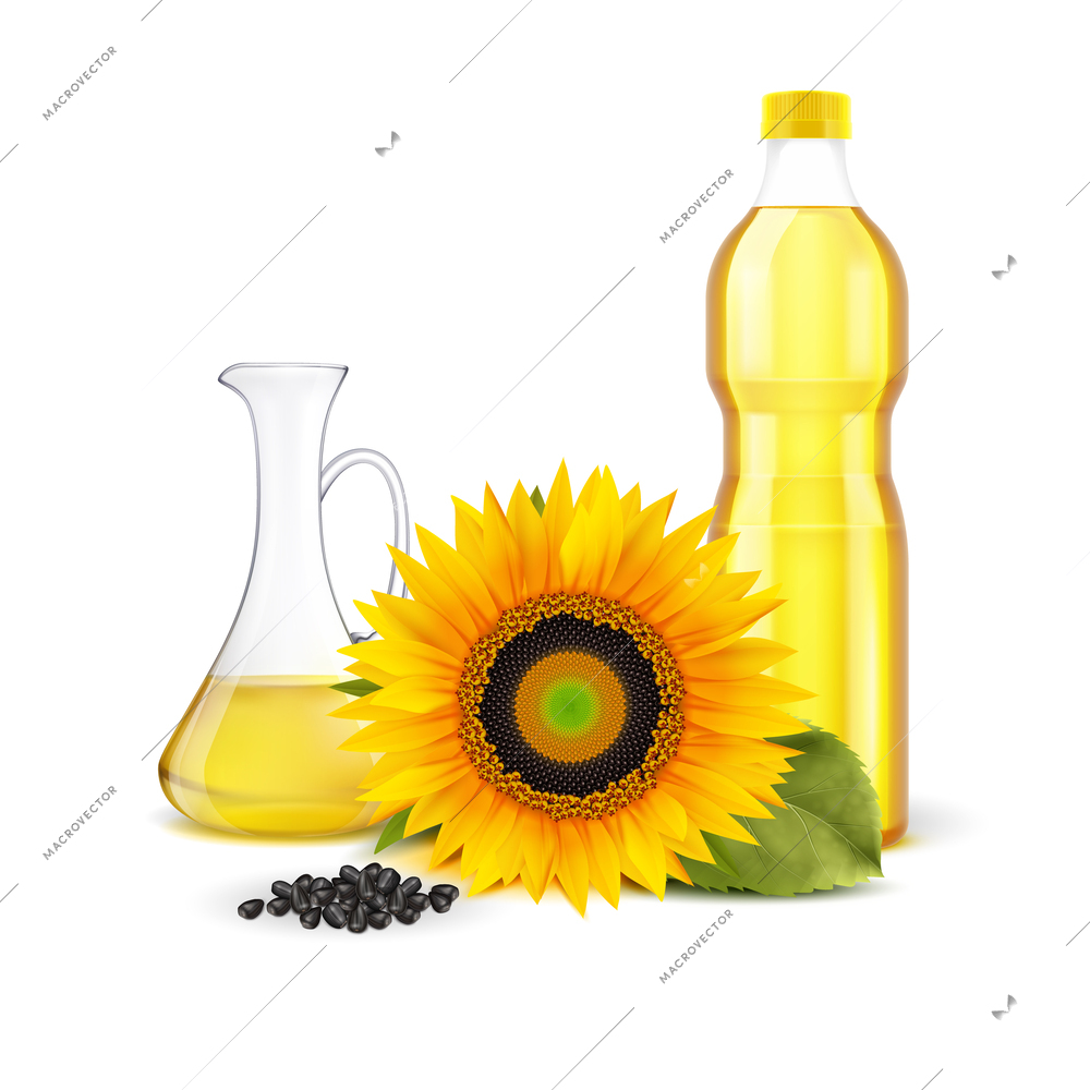 Sunflower realistic composition on white background with yellow flower jug and bottle with refined oil vector illustration