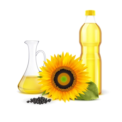 Sunflower realistic composition on white background with yellow flower jug and bottle with refined oil vector illustration