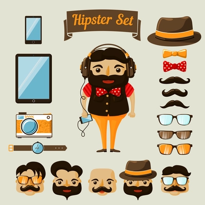 Hipster character elements for nerd boy with customizable face look and clothing vector illustration