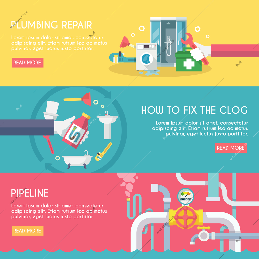 Plumbing repair fix the clog pipeline horizontal banner set isolated vector illustration