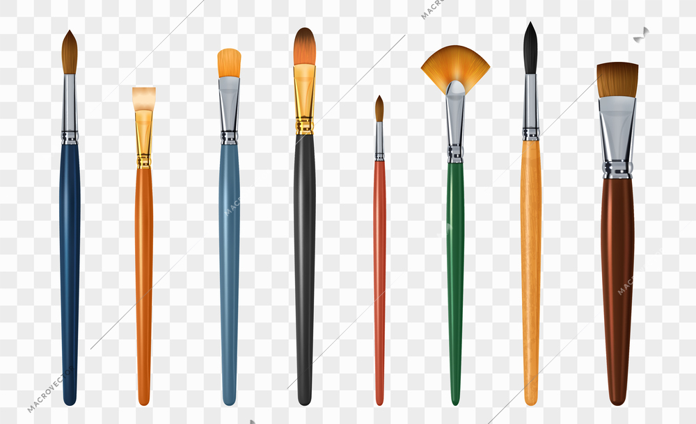Painter brush realistic transparent set with art symbols isolated vector illustration