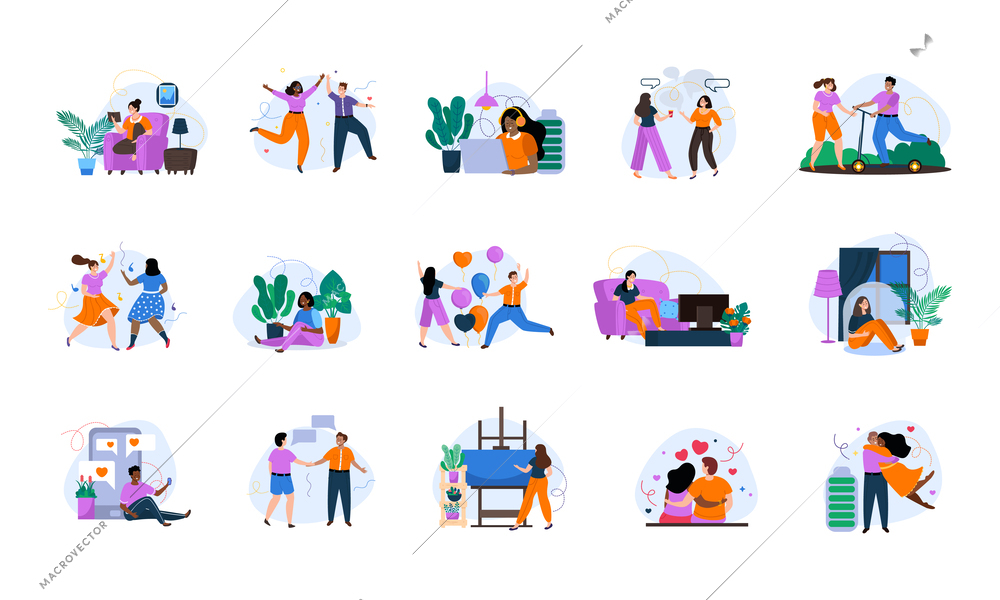 Introvert and extrovert people flat recolor set of persons of various tempers spending time alone and in team of friends isolated vector illustration