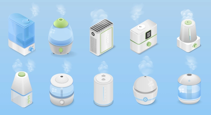 Humidifier set of realistic icons with isolated images of modern air humidifiers with clouds of vapor vector illustration
