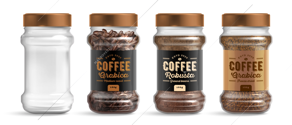 Glass jar with arabica and robusta varieties of coffee beans granulated and instant realistic set isolated vector illustration