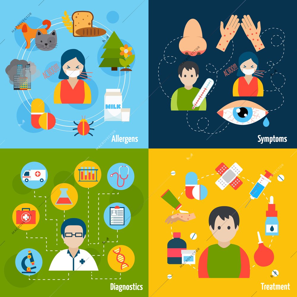 Allergies design concept set with allergens symptoms diagnostics and treatment flat icons isolated vector illustration