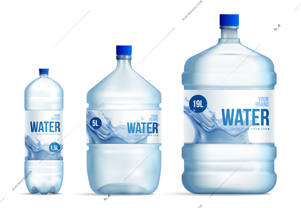 Realistic plastic water bottle packaging set with isolated images of branded transparent bottles of different size vector illustration