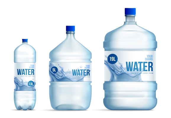 Realistic plastic water bottle packaging set with isolated images of branded transparent bottles of different size vector illustration