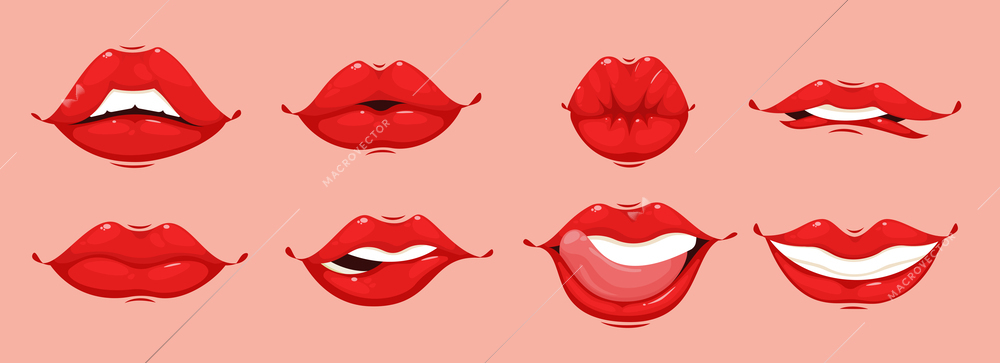 Cartoon mouth woman set of lips with red lipstick makeup expressing different emotions on pink background isolated vector illustration