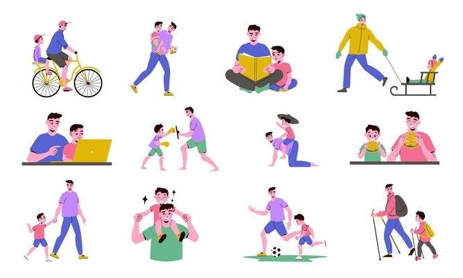 Father son color icon set two play running and reading together with each other vector illustration