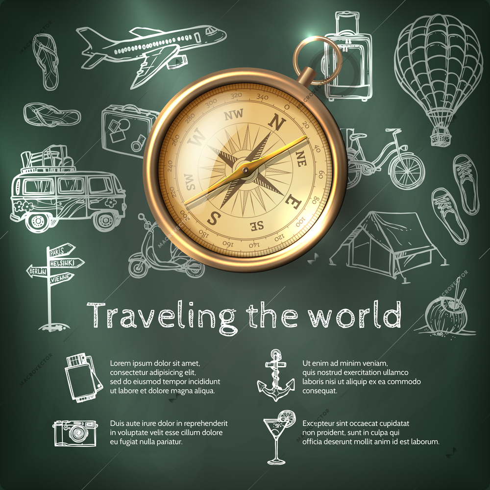 World travel poster with compass and tourism and holiday chalkboard elements vector illustration