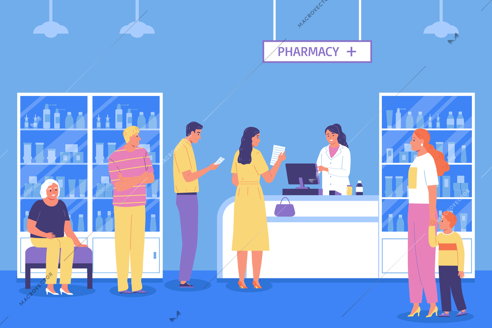 Pharmacy flat color composition with people holding prescriptions standing in line for medicines and pharmacist in white coat at counter vector illustration