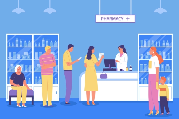 Pharmacy flat color composition with people holding prescriptions standing in line for medicines and pharmacist in white coat at counter vector illustration