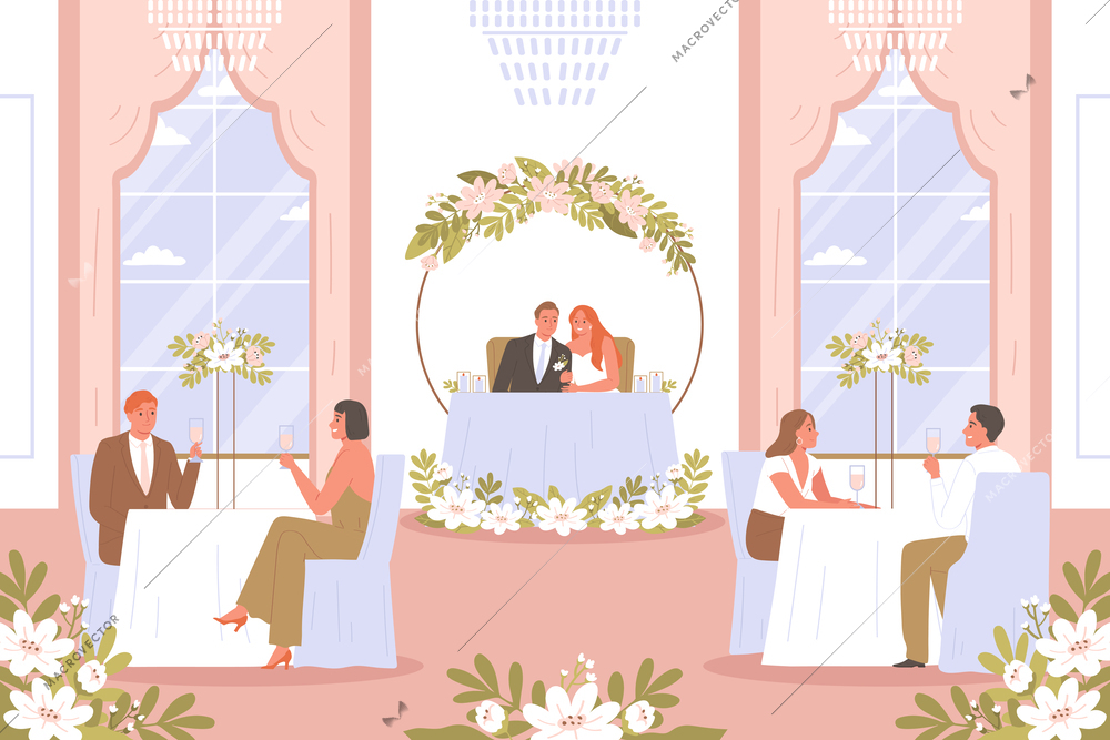 Wedding ceremony composition with indoor view of hall with guests having drinks at table with newlyweds vector illustration