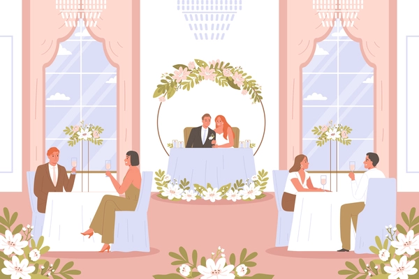 Wedding ceremony composition with indoor view of hall with guests having drinks at table with newlyweds vector illustration